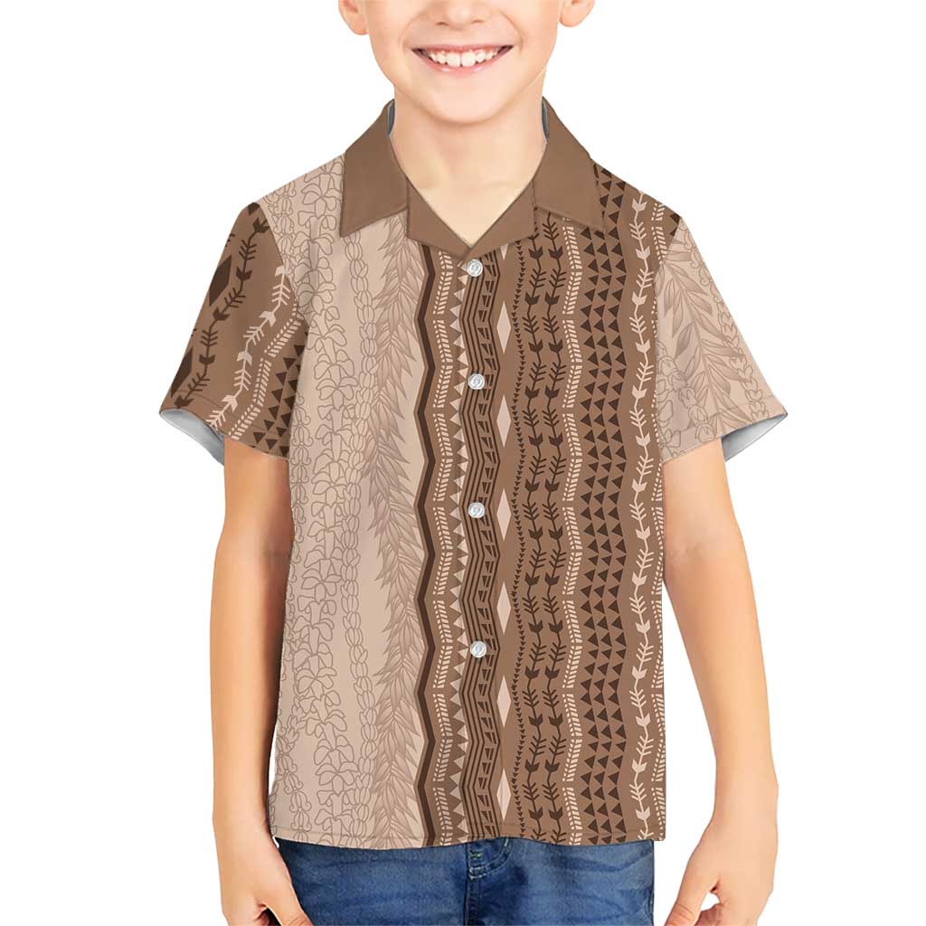 Vintage Beige Hawaiian Traditional Kapa Mix Flowers Lei Kid Hawaiian Shirt