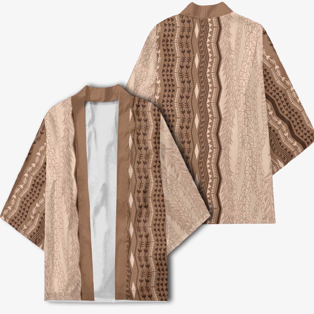 Vintage Beige Hawaiian Traditional Kapa Mix Flowers Lei Kimono