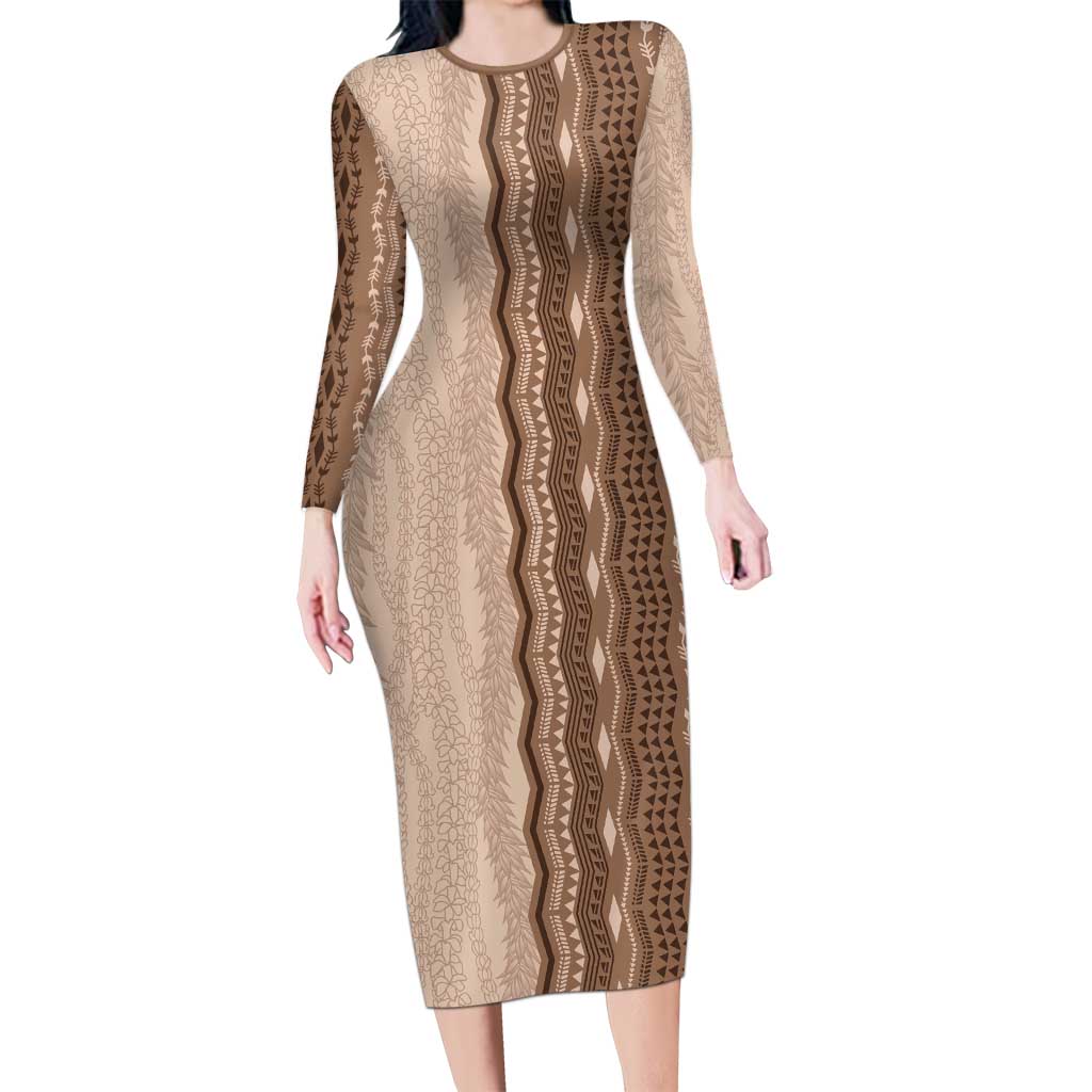 hawaiian bodycon dress Vintage Beige Hawaiian Traditional Kapa Mix Flowers Lei Long Sleeve Bodycon  Dress