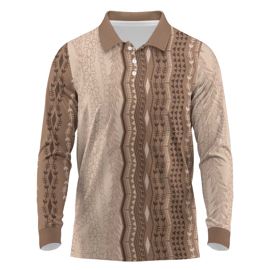 Vintage Beige Hawaiian Traditional Kapa Mix Flowers Lei Long Sleeve Polo Shirt