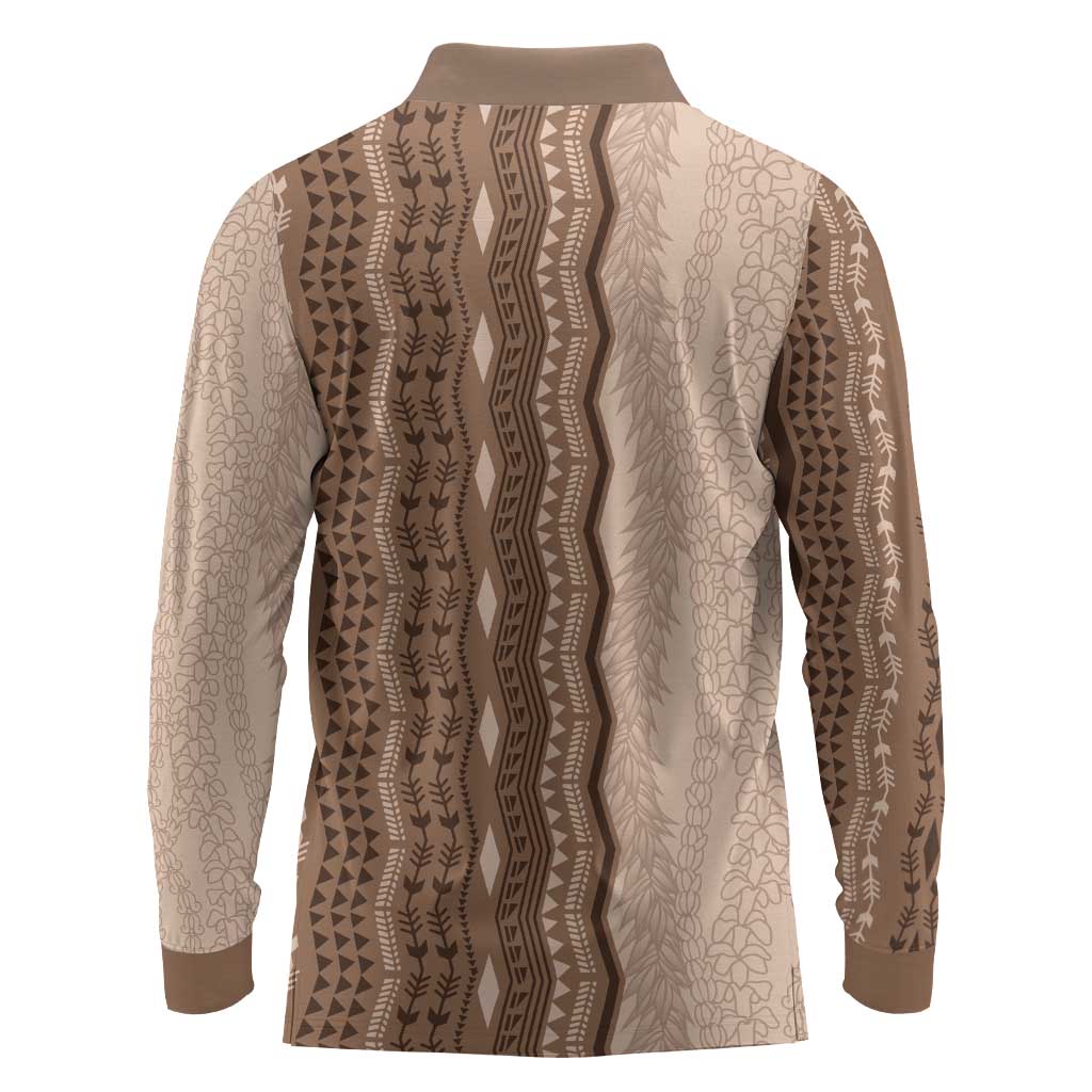 Vintage Beige Hawaiian Traditional Kapa Mix Flowers Lei Long Sleeve Polo Shirt