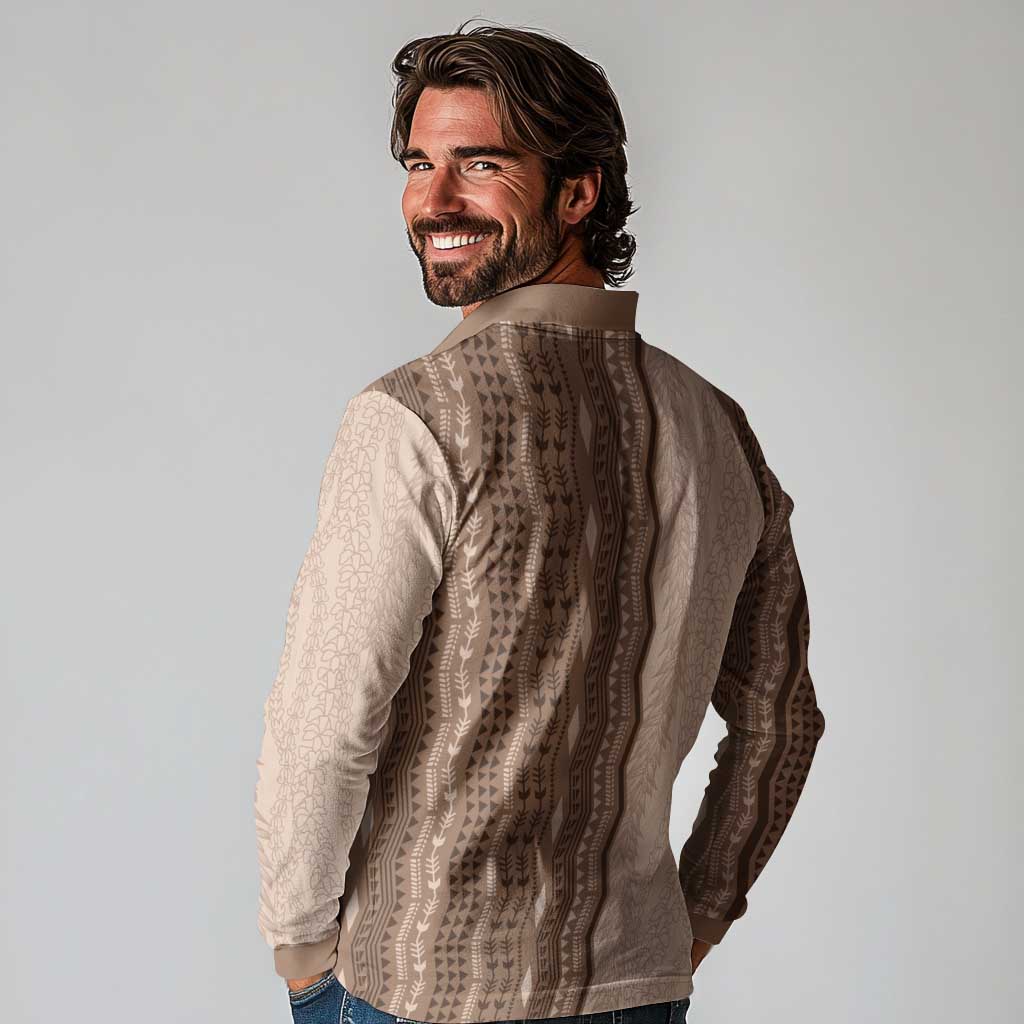 Vintage Beige Hawaiian Traditional Kapa Mix Flowers Lei Long Sleeve Polo Shirt