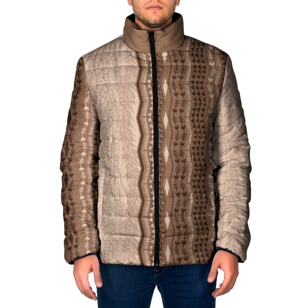 Vintage Beige Hawaiian Traditional Kapa Mix Flowers Lei Padded Jacket