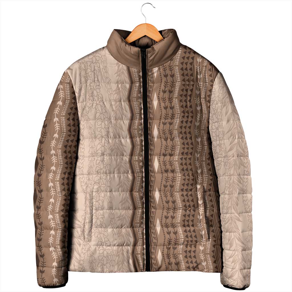 Vintage Beige Hawaiian Traditional Kapa Mix Flowers Lei Padded Jacket