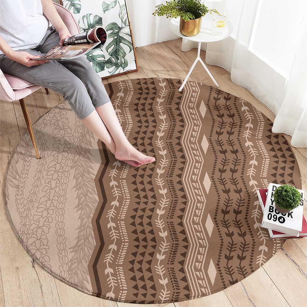 Vintage Beige Hawaiian Traditional Kapa Mix Flowers Lei Round Carpet LT7 - Polynesian Pride