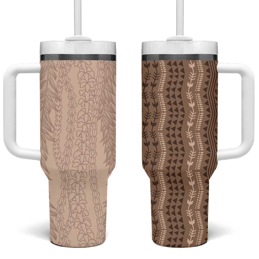 Vintage Beige Hawaiian Traditional Kapa Mix Flowers Lei Tumbler With Handle