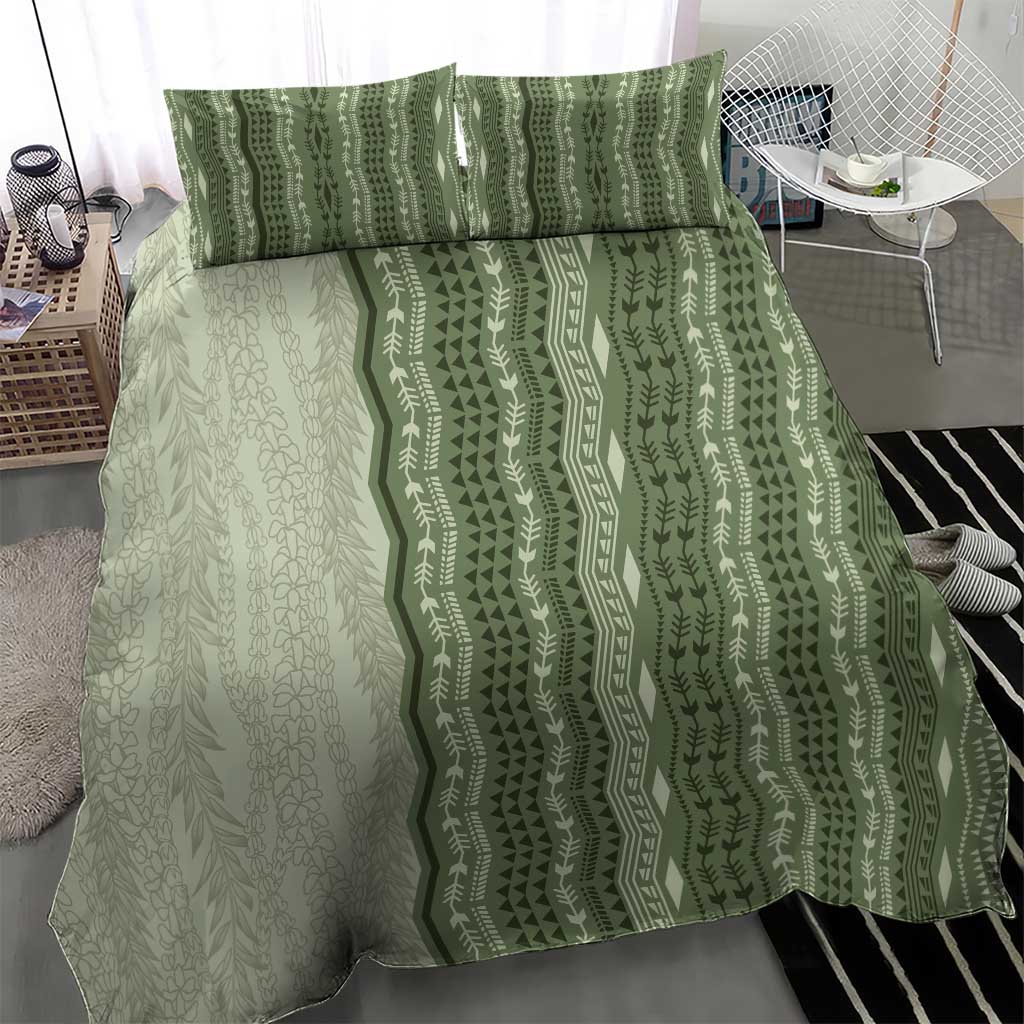 Vintage Sage Green Hawaiian Traditional Kapa Mix Flowers Lei Bedding Set