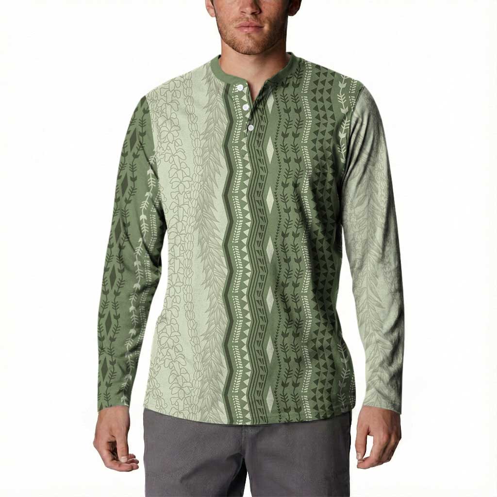 Vintage Sage Green Hawaiian Traditional Kapa Mix Flowers Lei Button Sweatshirt