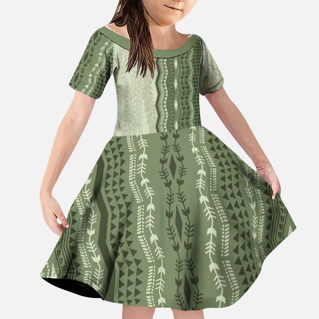 Vintage Sage Green Hawaiian Traditional Kapa Mix Flowers Lei Family Matching Mermaid Dress and Hawaiian Shirt