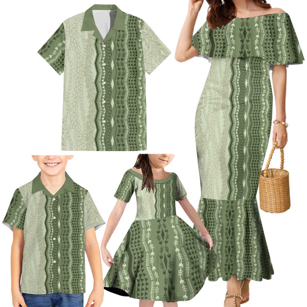 Vintage Sage Green Hawaiian Traditional Kapa Mix Flowers Lei Family Matching Mermaid Dress and Hawaiian Shirt