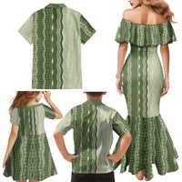 Vintage Sage Green Hawaiian Traditional Kapa Mix Flowers Lei Family Matching Mermaid Dress and Hawaiian Shirt