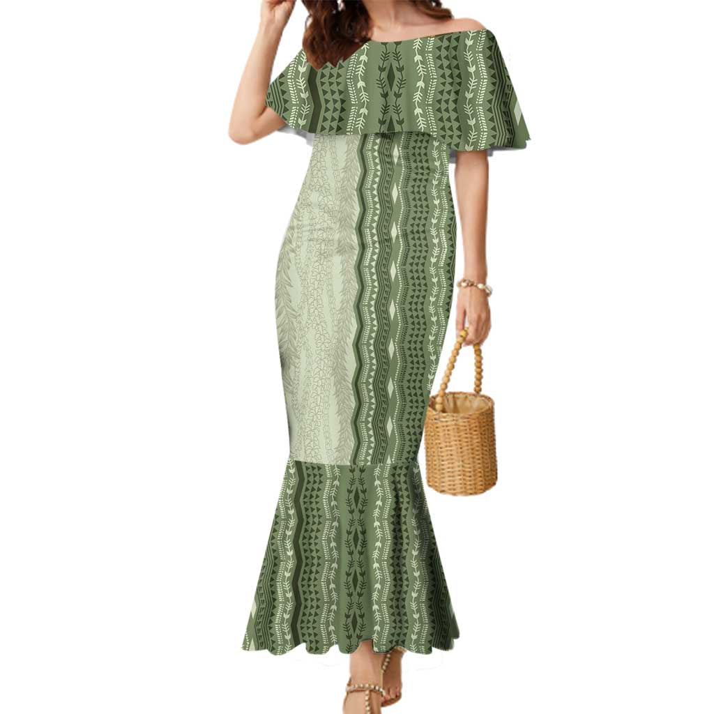 Vintage Sage Green Hawaiian Traditional Kapa Mix Flowers Lei Family Matching Mermaid Dress and Hawaiian Shirt
