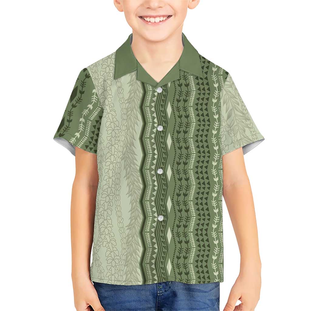 Vintage Sage Green Hawaiian Traditional Kapa Mix Flowers Lei Family Matching Mermaid Dress and Hawaiian Shirt