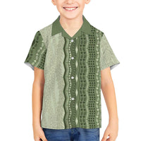 Vintage Sage Green Hawaiian Traditional Kapa Mix Flowers Lei Family Matching Mermaid Dress and Hawaiian Shirt
