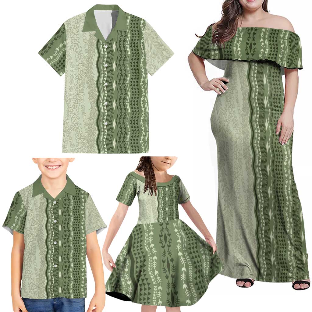 Vintage Sage Green Hawaiian Traditional Kapa Mix Flowers Lei Family Matching Off Shoulder Maxi Dress and Hawaiian Shirt
