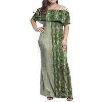 Vintage Sage Green Hawaiian Traditional Kapa Mix Flowers Lei Family Matching Off Shoulder Maxi Dress and Hawaiian Shirt