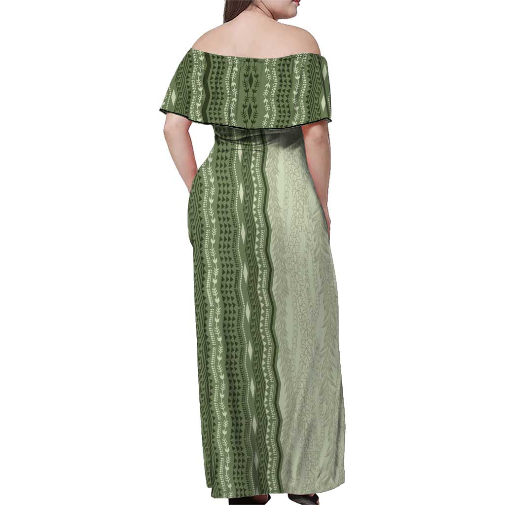 Vintage Sage Green Hawaiian Traditional Kapa Mix Flowers Lei Family Matching Off Shoulder Maxi Dress and Hawaiian Shirt