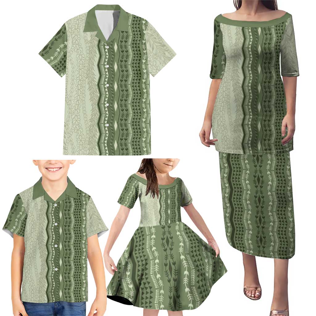 Vintage Sage Green Hawaiian Traditional Kapa Mix Flowers Lei Family Matching Puletasi and Hawaiian Shirt LT7 - Polynesian Pride