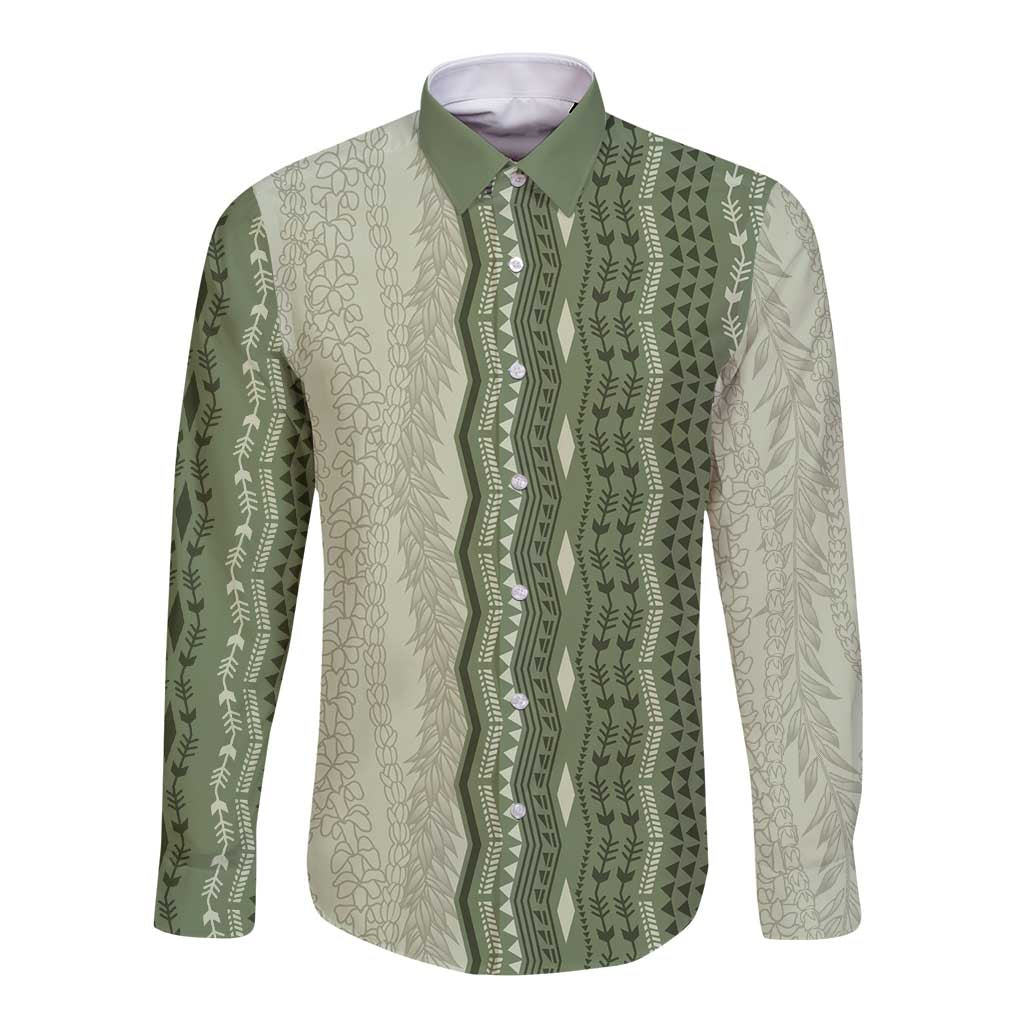 Vintage Sage Green Hawaiian Traditional Kapa Mix Flowers Lei Long Sleeve Button Shirt LT7 Unisex Sage Green - Polynesian Pride