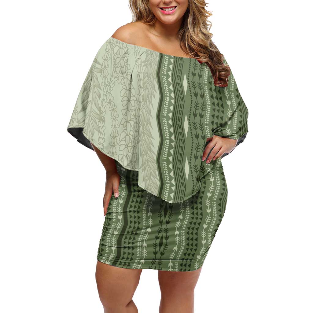 Vintage Sage Green Hawaiian Traditional Kapa Mix Flowers Lei Off Shoulder Short Dress