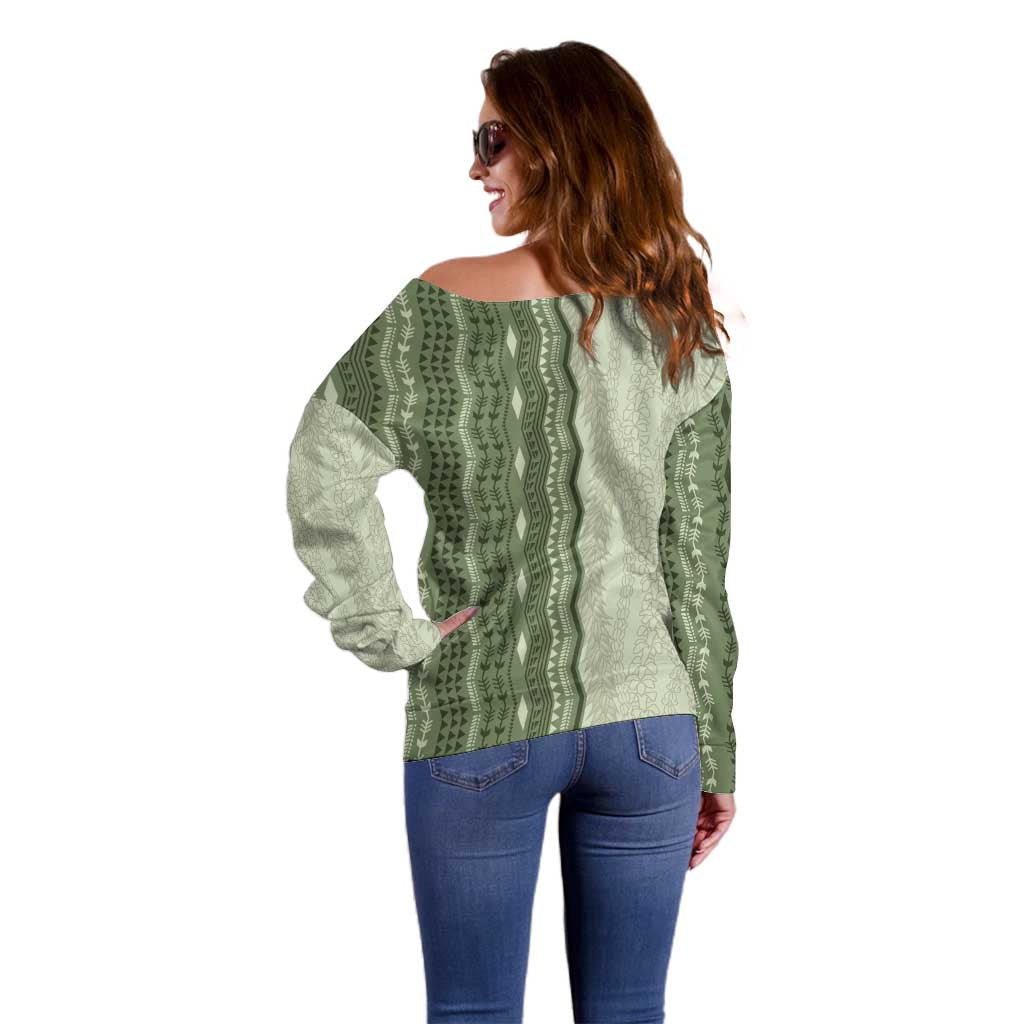 Vintage Sage Green Hawaiian Traditional Kapa Mix Flowers Lei Off Shoulder Sweater