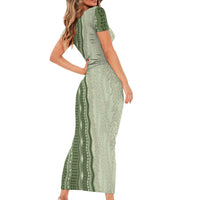 Vintage Sage Green Hawaiian Traditional Kapa Mix Flowers Lei Short Sleeve Bodycon Dress