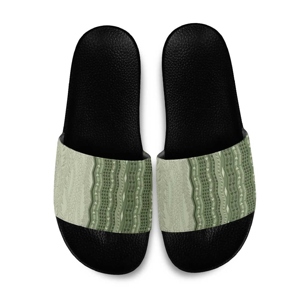 Vintage Sage Green Hawaiian Traditional Kapa Mix Flowers Lei Slide Sandals