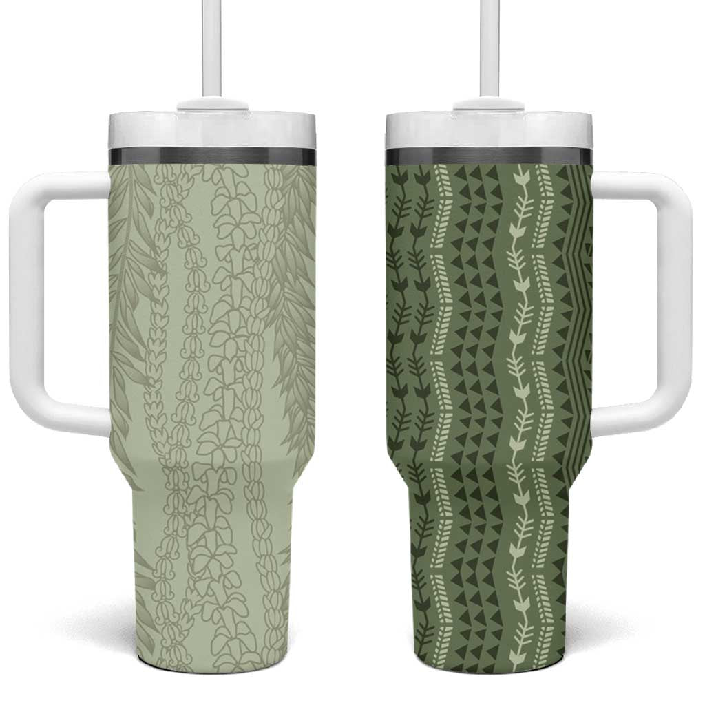 Vintage Sage Green Hawaiian Traditional Kapa Mix Flowers Lei Tumbler With Handle