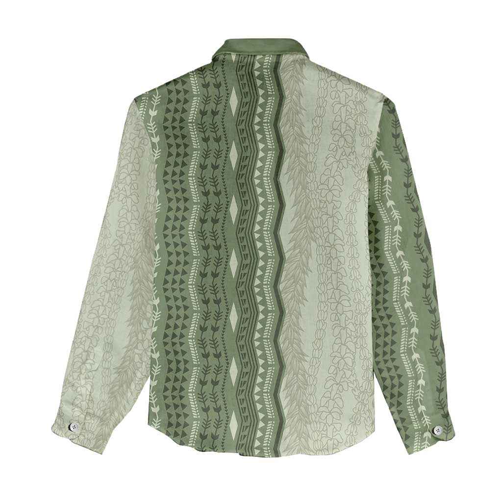 Vintage Sage Green Hawaiian Traditional Kapa Mix Flowers Lei Women Casual Shirt