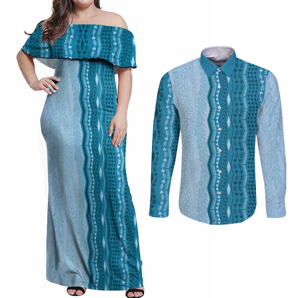 Vintage Cobalt Blue Hawaiian Traditional Kapa Mix Flowers Lei Couples Matching Off Shoulder Maxi Dress and Long Sleeve Button Shirt LT7 Cobalt Blue - Polynesian Pride