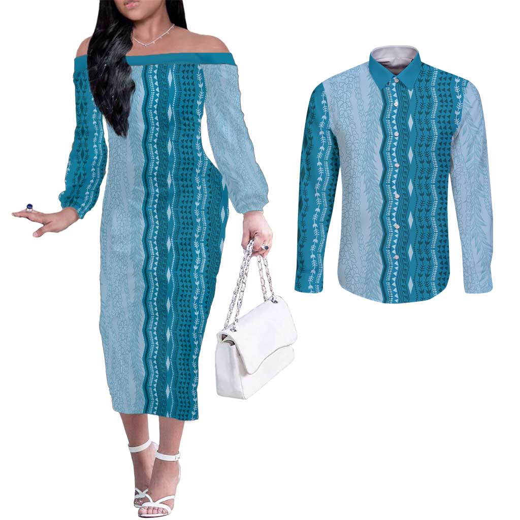 Vintage Cobalt Blue Hawaiian Traditional Kapa Mix Flowers Lei Couples Matching Off The Shoulder Long Sleeve Dress and Long Sleeve Button Shirt
