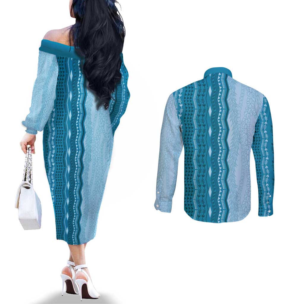 Vintage Cobalt Blue Hawaiian Traditional Kapa Mix Flowers Lei Couples Matching Off The Shoulder Long Sleeve Dress and Long Sleeve Button Shirt