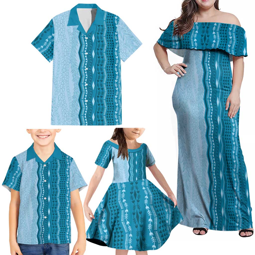 Vintage Cobalt Blue Hawaiian Traditional Kapa Mix Flowers Lei Family Matching Off Shoulder Maxi Dress and Hawaiian Shirt LT7 - Polynesian Pride