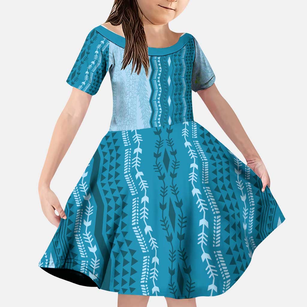 Vintage Cobalt Blue Hawaiian Traditional Kapa Mix Flowers Lei Family Matching Puletasi and Hawaiian Shirt LT7 Daughter's Dress Cobalt Blue - Polynesian Pride
