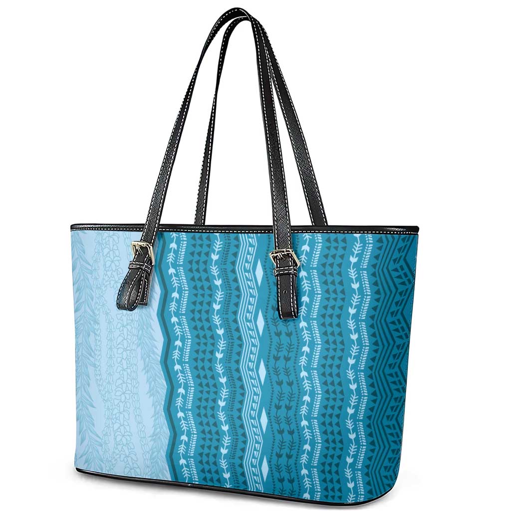 Vintage Cobalt Blue Hawaiian Traditional Kapa Mix Flowers Lei Leather Tote Bag LT7 - Polynesian Pride