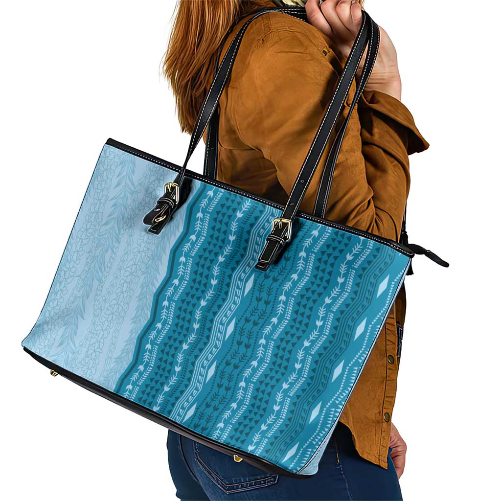 Vintage Cobalt Blue Hawaiian Traditional Kapa Mix Flowers Lei Leather Tote Bag LT7 - Polynesian Pride