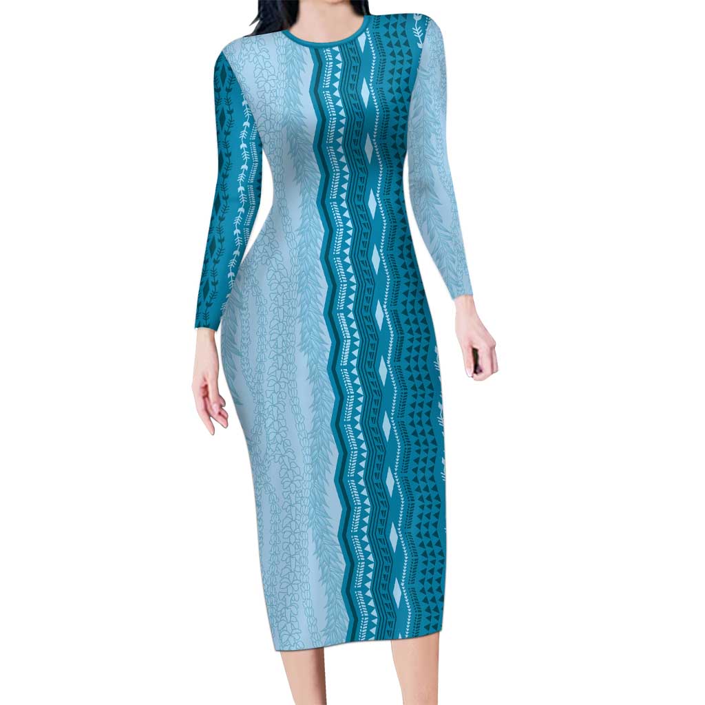 Vintage Cobalt Blue Hawaiian Traditional Kapa Mix Flowers Lei Long Sleeve Bodycon Dress LT7 Long Dress Cobalt Blue - Polynesian Pride