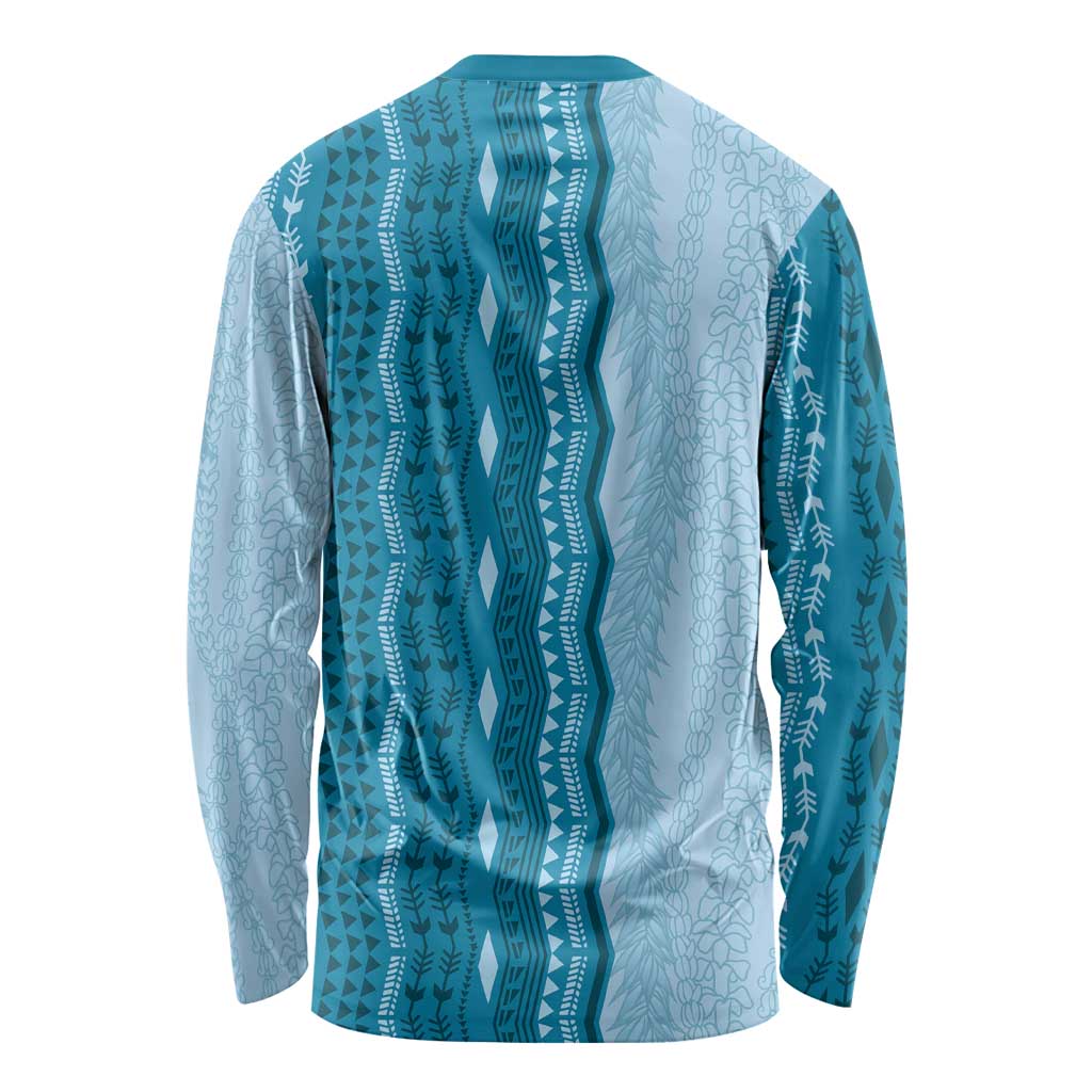 Vintage Cobalt Blue Hawaiian Traditional Kapa Mix Flowers Lei Long Sleeve Shirt LT7 - Polynesian Pride