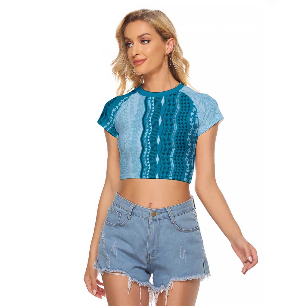 Vintage Cobalt Blue Hawaiian Traditional Kapa Mix Flowers Lei Raglan Cropped T Shirt