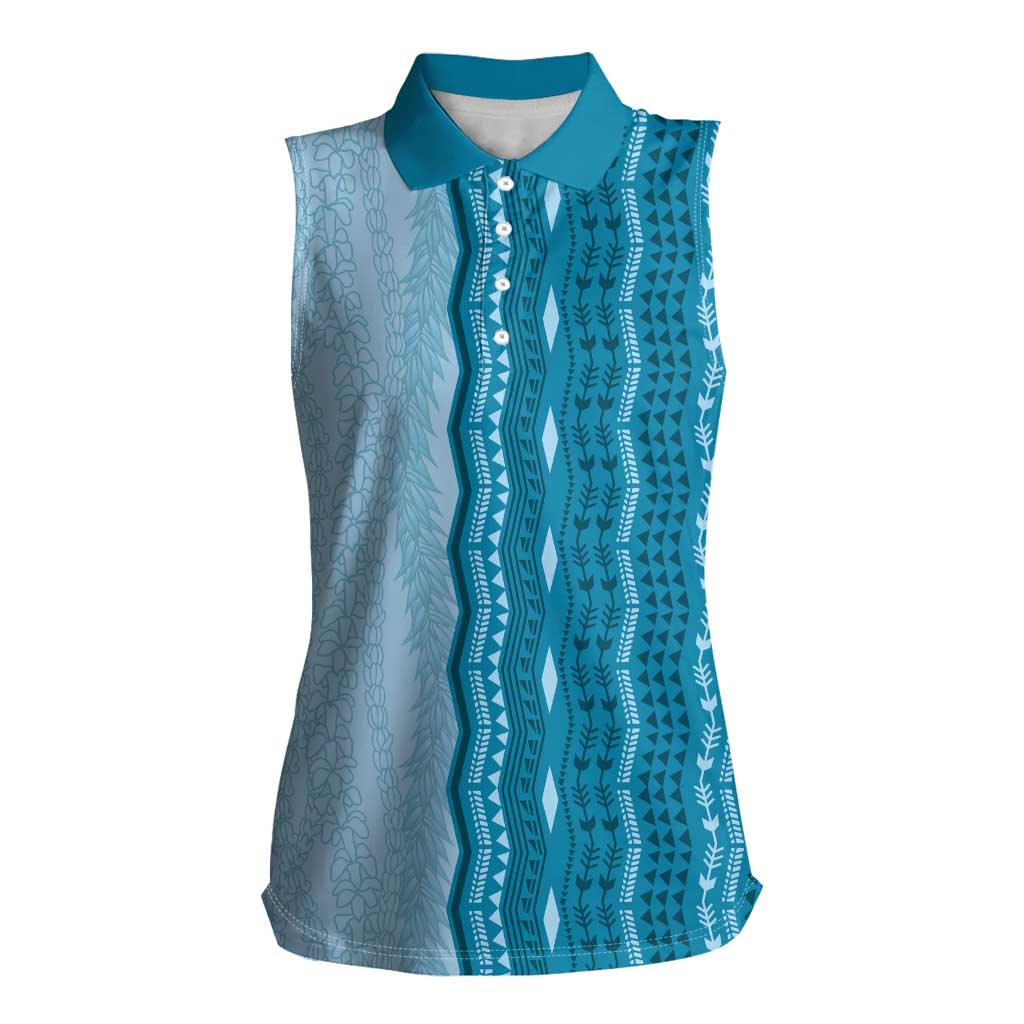 Vintage Cobalt Blue Hawaiian Traditional Kapa Mix Flowers Lei Women Sleeveless Polo Shirt
