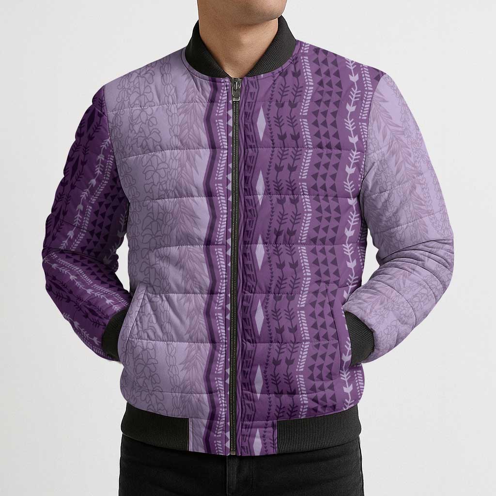 Vintage Violet Hawaiian Traditional Kapa Mix Flowers Lei Bomber Puffer Jacket