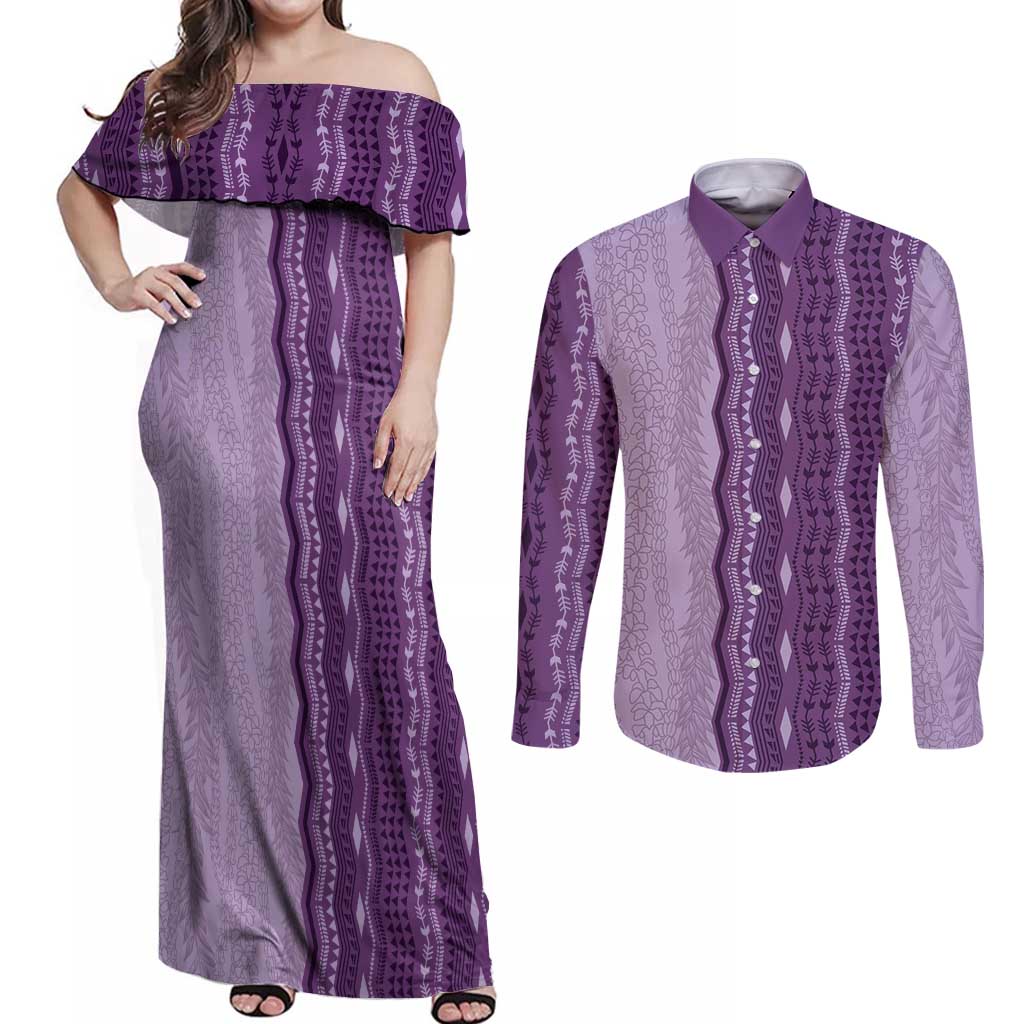 Vintage Violet Hawaiian Traditional Kapa Mix Flowers Lei Couples Matching Off Shoulder Maxi Dress and Long Sleeve Button Shirt LT7 Violet - Polynesian Pride