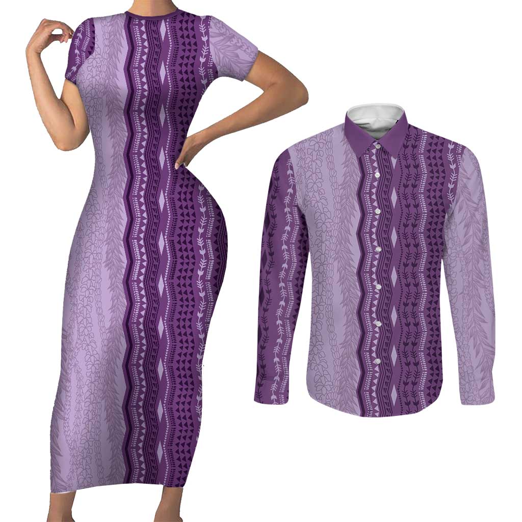 Vintage Violet Hawaiian Traditional Kapa Mix Flowers Lei Couples Matching Short Sleeve Bodycon Dress and Long Sleeve Button Shirt LT7 Violet - Polynesian Pride
