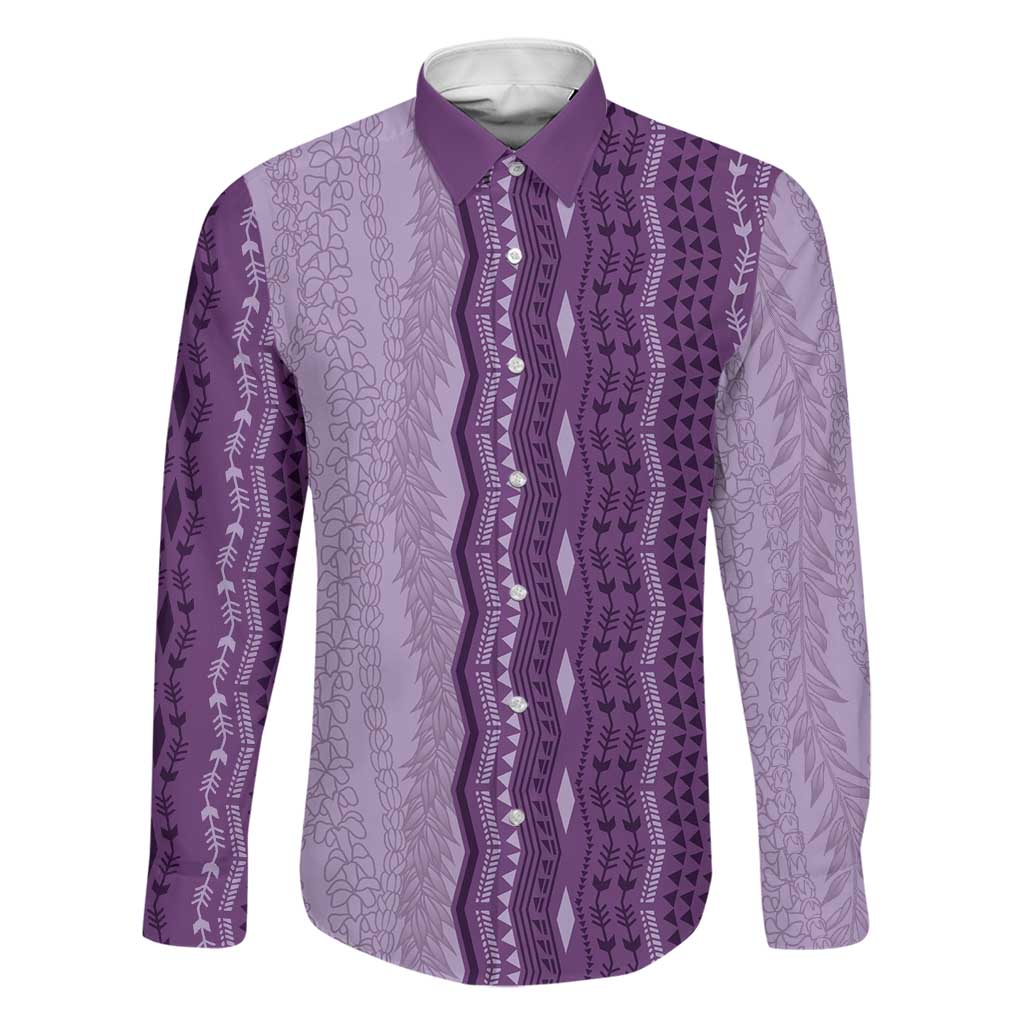 Vintage Violet Hawaiian Traditional Kapa Mix Flowers Lei Family Matching Mermaid Dress and Hawaiian Shirt LT7 Dad's Shirt - Long Sleeve Violet - Polynesian Pride