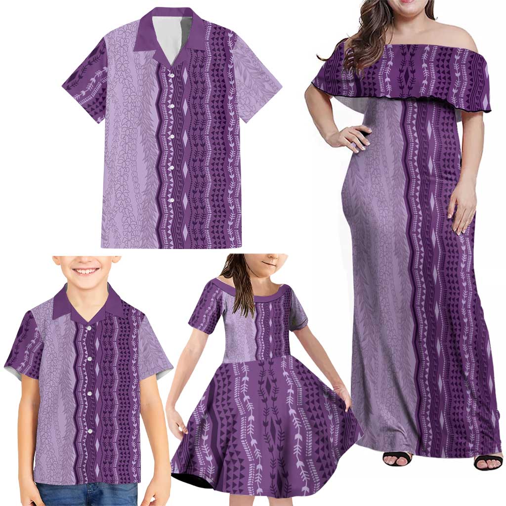 Vintage Violet Hawaiian Traditional Kapa Mix Flowers Lei Family Matching Off Shoulder Maxi Dress and Hawaiian Shirt LT7 - Polynesian Pride