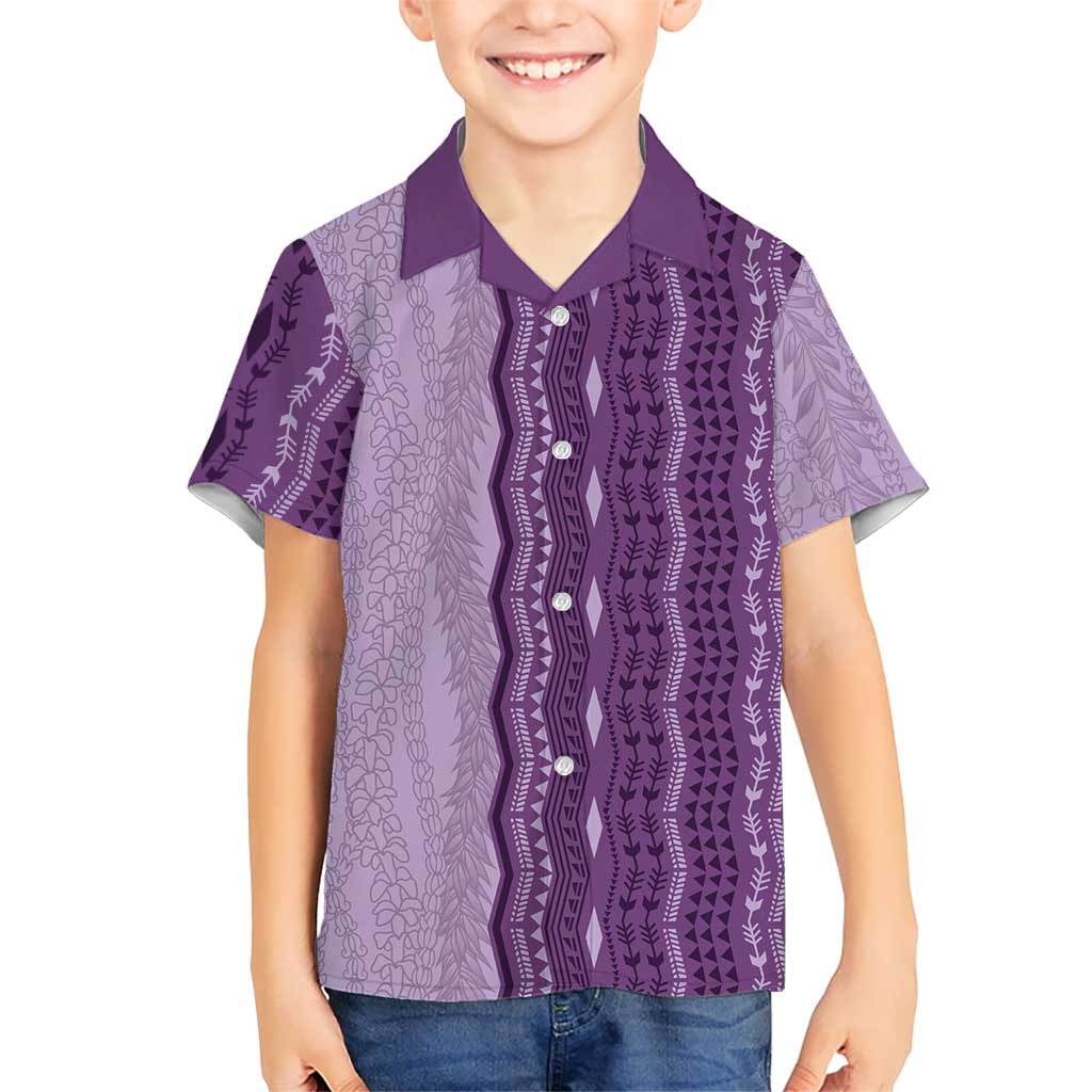 Vintage Violet Hawaiian Traditional Kapa Mix Flowers Lei Family Matching Off Shoulder Short Dress and Hawaiian Shirt LT7 Son's Shirt Violet - Polynesian Pride