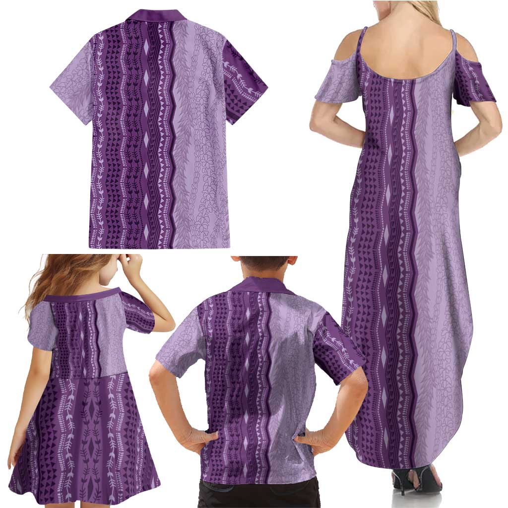 Vintage Violet Hawaiian Traditional Kapa Mix Flowers Lei Family Matching Summer Maxi Dress and Hawaiian Shirt