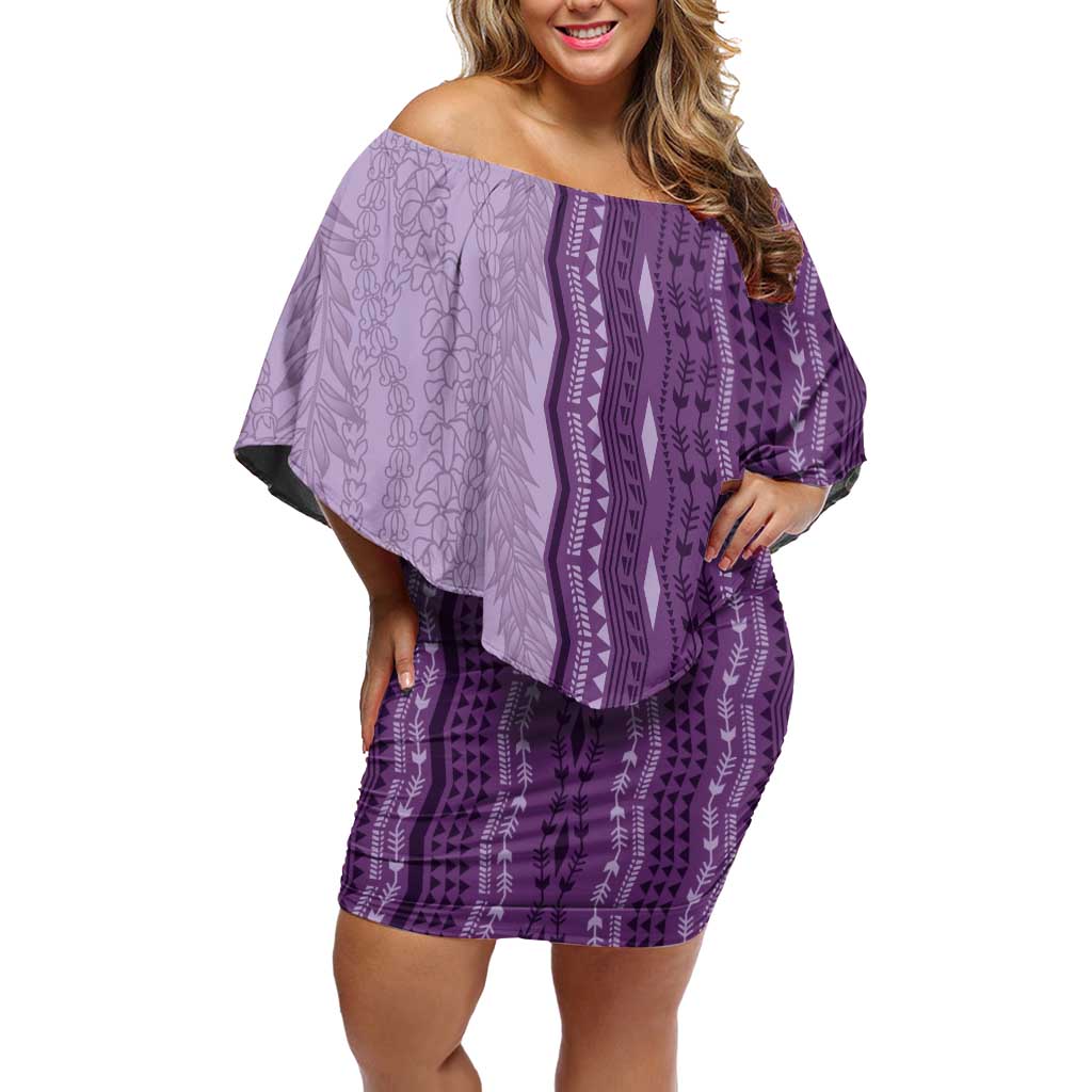 Vintage Violet Hawaiian Traditional Kapa Mix Flowers Lei Off Shoulder Short Dress