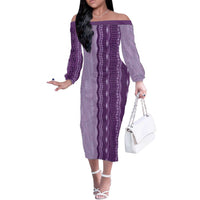 Vintage Violet Hawaiian Traditional Kapa Mix Flowers Lei Off The Shoulder Long Sleeve Dress LT7 Women Violet - Polynesian Pride