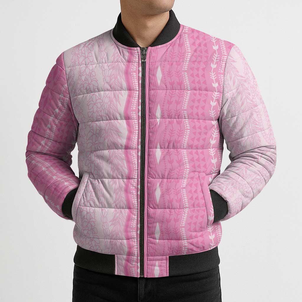 Vintage Pink Hawaiian Traditional Kapa Mix Flowers Lei Bomber Puffer Jacket LT7 - Polynesian Pride